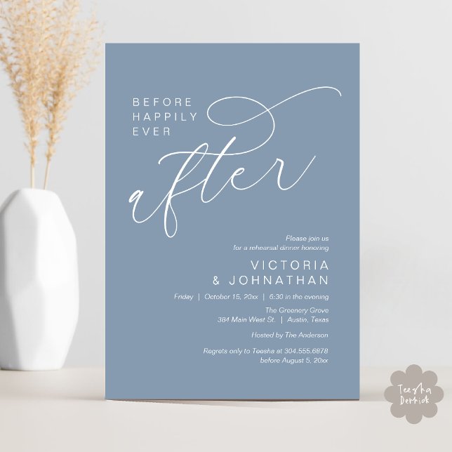 Modern Before Happily Ever After Rehearsal Dinner Invitation (Modern Before Happily Ever After Romantic Rehearsal Dinner Invites Card PDF Aesthetic Dusty Blue)