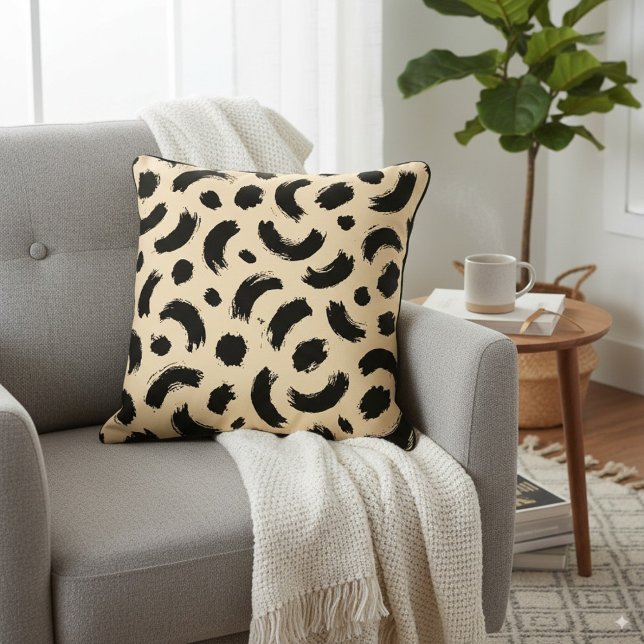 Modern Beige and Black Abstract Brush Leopard dots Cushion (Creator Uploaded)