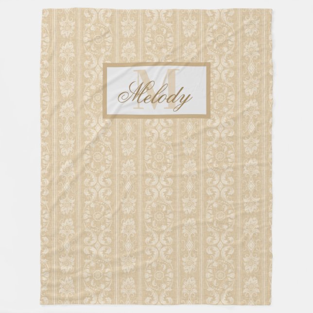  Modern Beige and Cream Floral Damask Monogrammed  Fleece Blanket (Front)