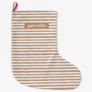 Modern Beige and White Stripes with Name Large Christmas Stocking