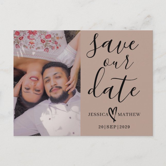 Modern Beige & Black Save the Date Script  Announcement Postcard (Front)
