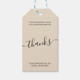 Modern beige black script business thank you gift tags