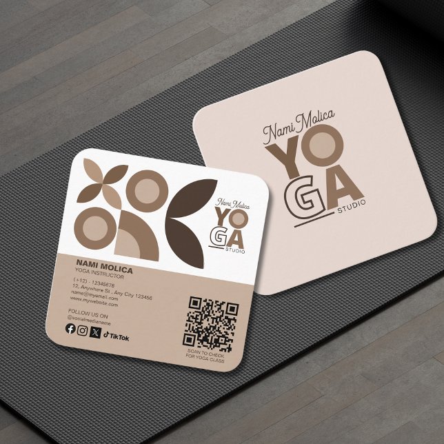 Modern Beige Brown Pattern Yoga Studio  Square Business Card (Creator Uploaded)