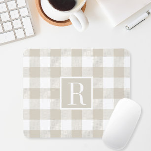 Modern Beige Buffalo Check Monogram Initial Mouse Mat