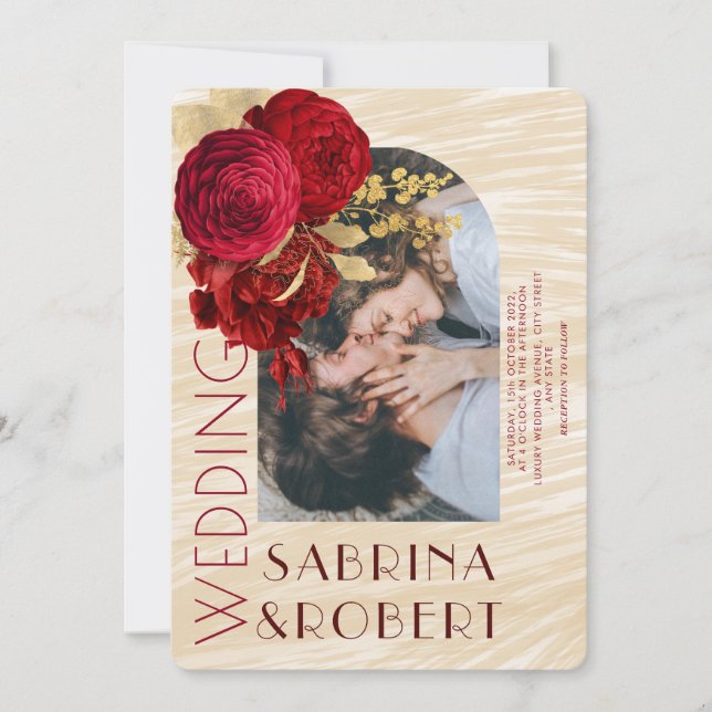 Modern Beige Burgundy Floral Arch Photo Wedding Invitation (Front)