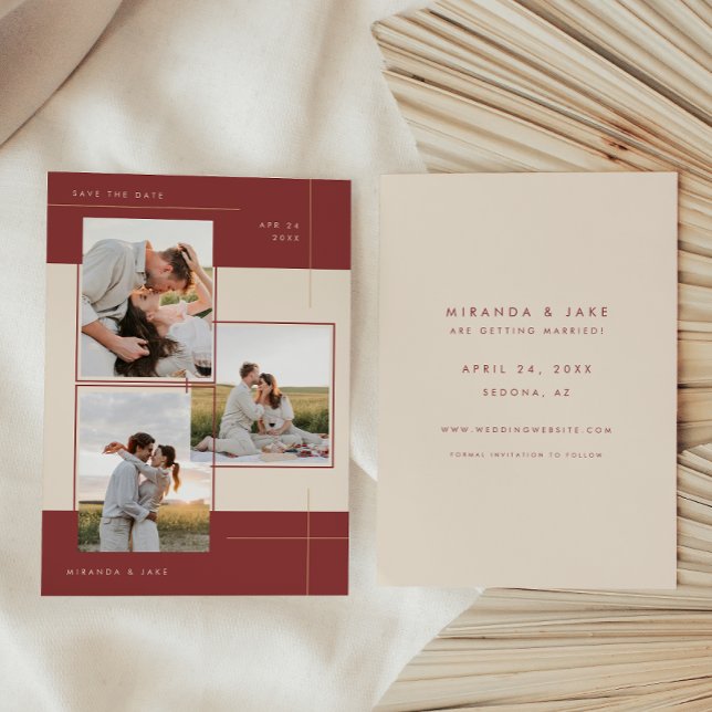 Modern Beige Burgundy Geometric Inline 3 Photo Save The Date (Creator Uploaded)