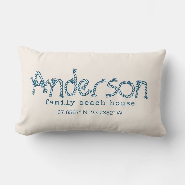 Modern beige coastal beach house family name lumbar cushion (Front)