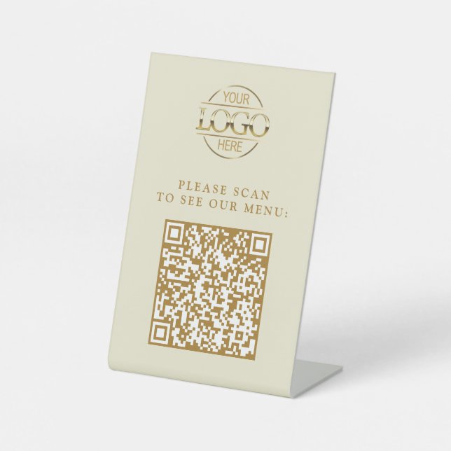 Modern Beige Custom Business Logo QR Code Menu  Pedestal Sign (Front)