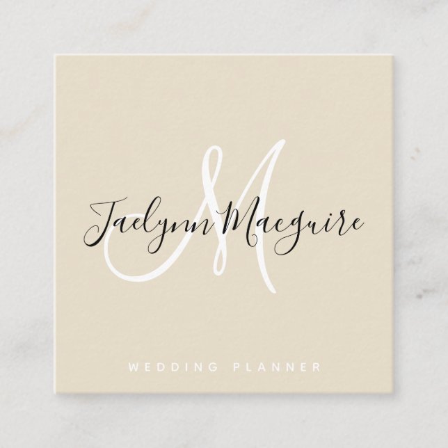 Modern beige elegant script signature monogram square business card (Front)