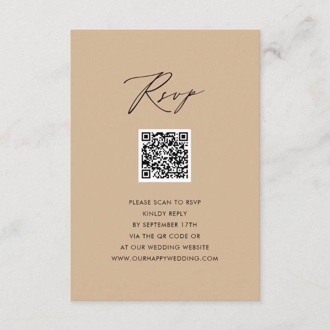 Modern Beige Elegant Script Simple QR Wedding RSVP Enclosure Card (Front)