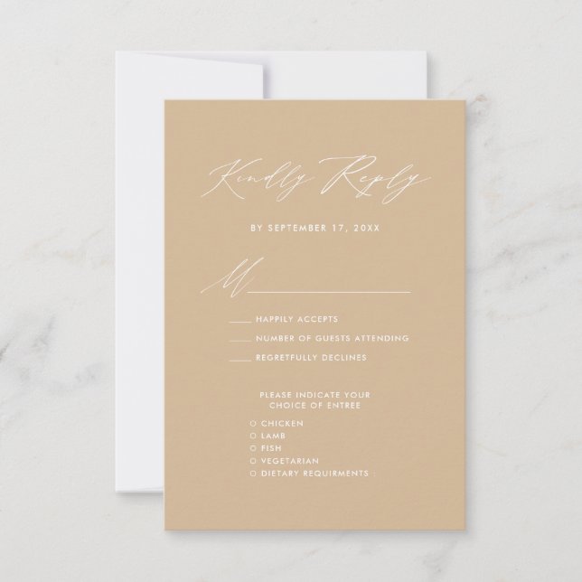Modern Beige Elegant Script Simple Wedding RSVP Card (Front)