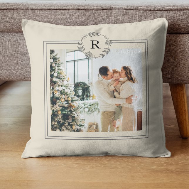 Modern Beige | Family Photo | Initial  Throw Pillo Cushion (Creator Uploaded)