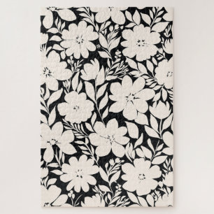 Modern Beige Flowers Black Botanical Jigsaw Puzzle