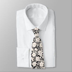 Modern Beige Flowers Black Botanical Tie