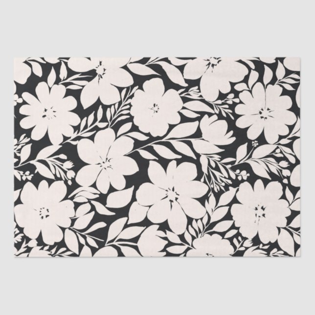 Modern Beige Flowers Black Botanical Tissue Paper (Front)