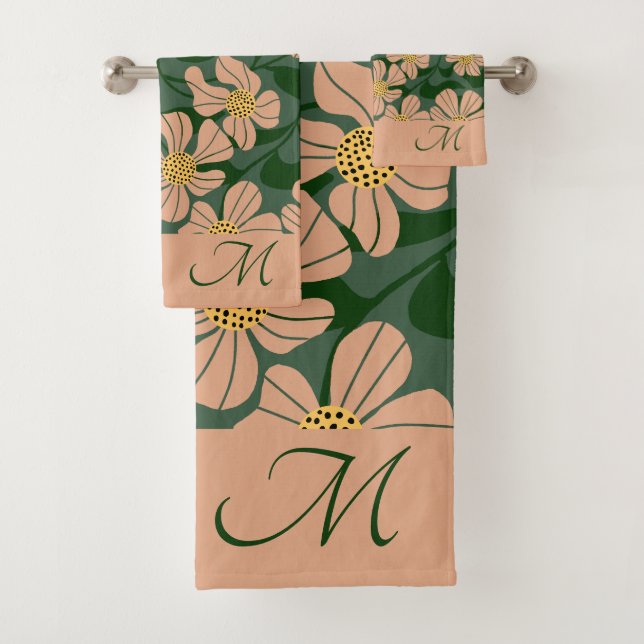 Modern beige flowers with green leaves bath towel set (Insitu)