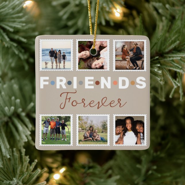 Modern Beige Friends Forever Photo Collage Ceramic Ornament (Tree)