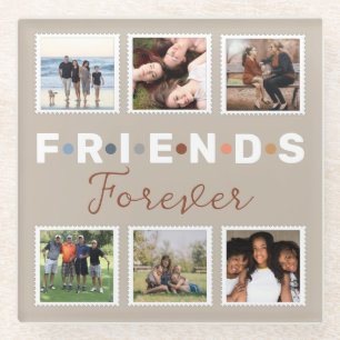 Modern Beige Friends Forever Photo Collage Glass Coaster