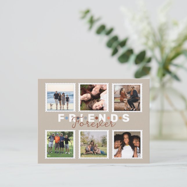 Modern Beige Friends Forever Photo Collage Postcard (Standing Front)
