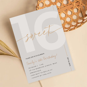 Modern Beige & Gold Sweet 16th Birthday Invitation