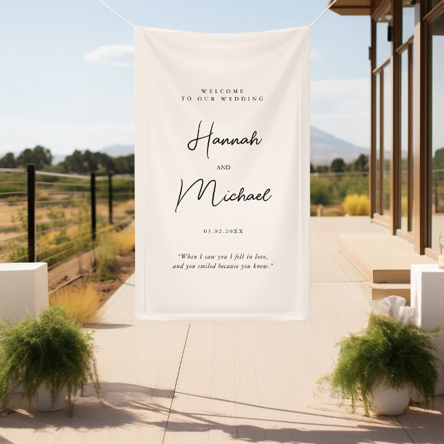 Modern, Beige, Handwriting Font, Wedding Welcome  Banner (Elegant, Beige, Minimal Wedding "Welcome Banner" with your name, date & place for personal words.)