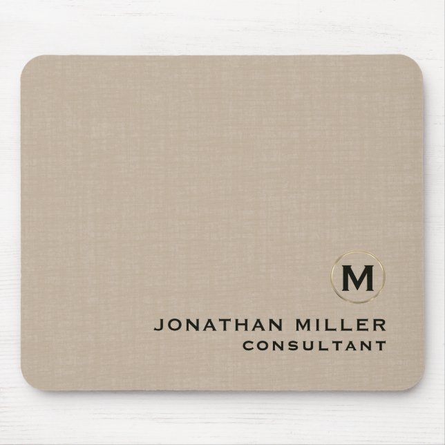 Modern Beige Linen Brushed Gold Monogram Mouse Mat (Front)