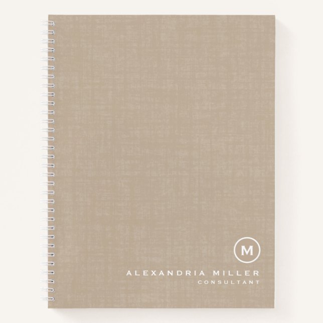 Modern Beige Linen Minimal Monogram Notebook (Front)
