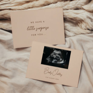 Modern Beige "Little Surprise" Photo Pregnancy Announcement