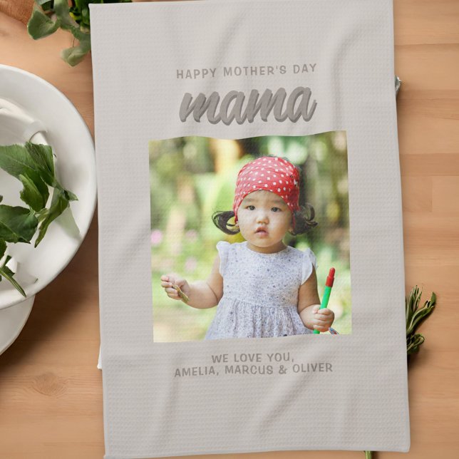 Modern Beige Mama Kids Photo Mother's Day  Tea Towel (Creator Uploaded)