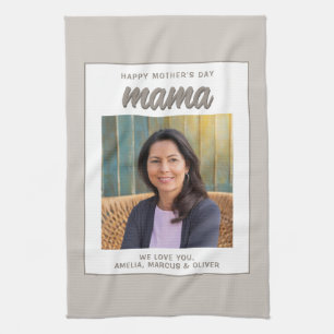 Modern Beige Mama Kids Photo Mother's Day Tea Towel