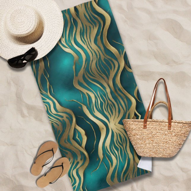 Modern Beige Marble Waves Turquoise Teal Blue  Beach Towel (Modern Beige Marble Waves Turquoise Teal Blue Beach Towel)