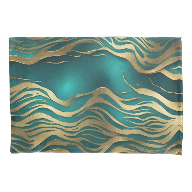 Modern Beige Marble Waves Turquoise Teal Blue  Pillowcase (Front-Left)