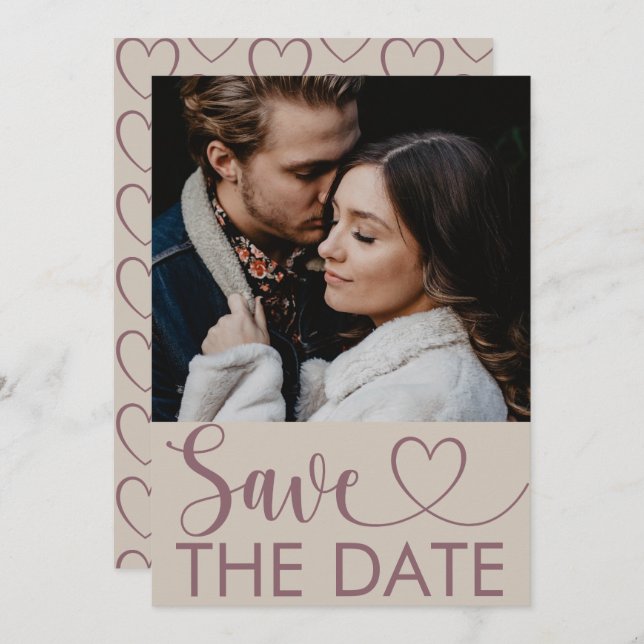 Modern Beige & Maroon Photo & Heart Save the Date (Front/Back)