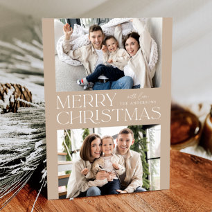 Modern Beige Merry Christmas 2 Photo Holiday Card