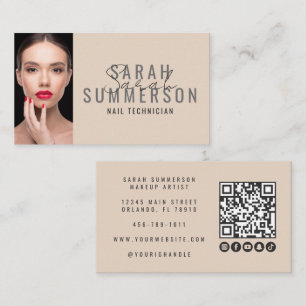 Modern Beige Nail Salon QR Code Photo Business Card