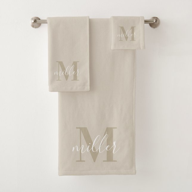 Modern Beige Personalised Family Name Monogram Bath Towel Set (Insitu)