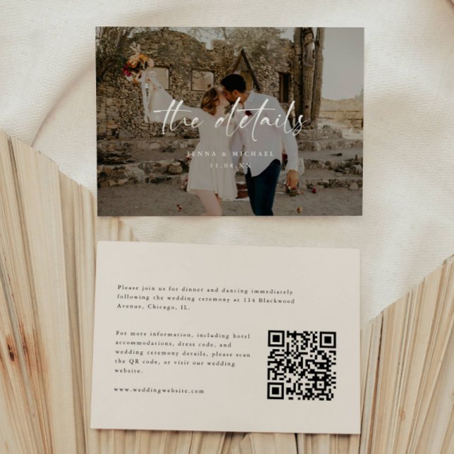 Modern Beige Photo Script Wedding Details Enclosure Card (Creator Uploaded)