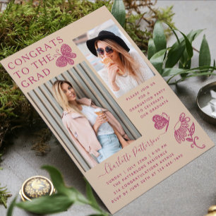 Modern Beige Pink Butterfly Photo Graduation Party Invitation