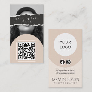 Modern Beige QR Code Photo Business Card