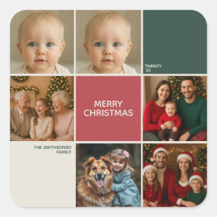 Modern beige Sage RED collage merry Christmas Square Sticker