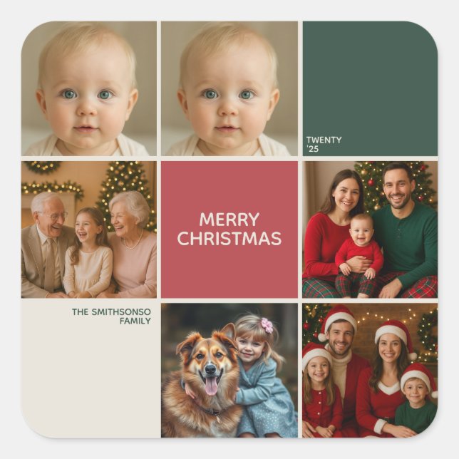 Modern beige Sage RED collage merry Christmas Square Sticker (Front)