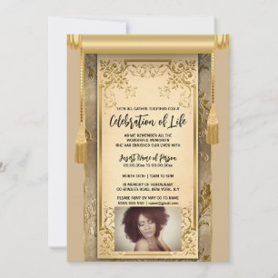 Modern beige satin scroll tassels sepia photo invitation
