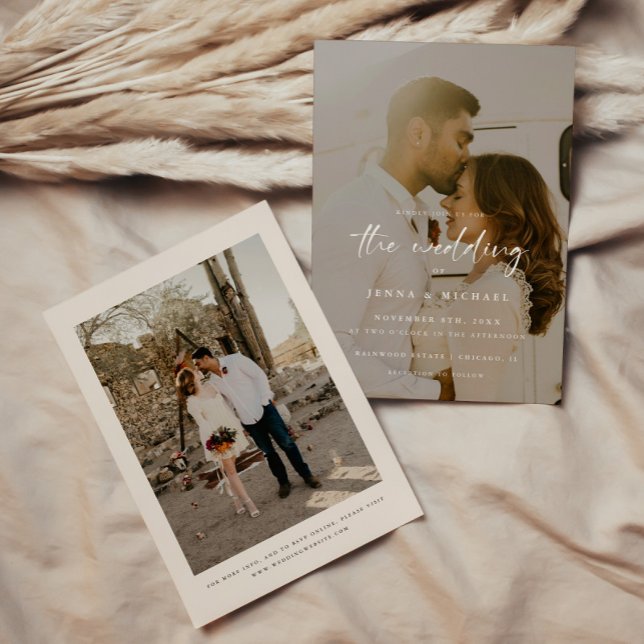 Modern Beige Script 2-Photo Wedding Invitation (Creator Uploaded)