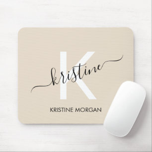 Modern beige script monogram name mouse mat