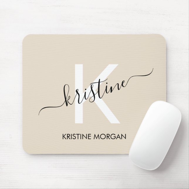 Modern beige script monogram name mouse mat (With Mouse)