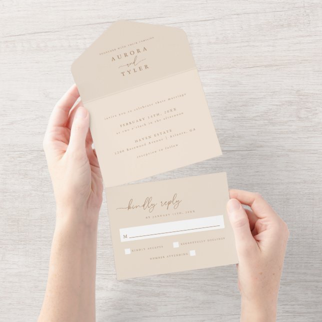 Modern Beige Script Wedding All In One Invitation (Tearaway)