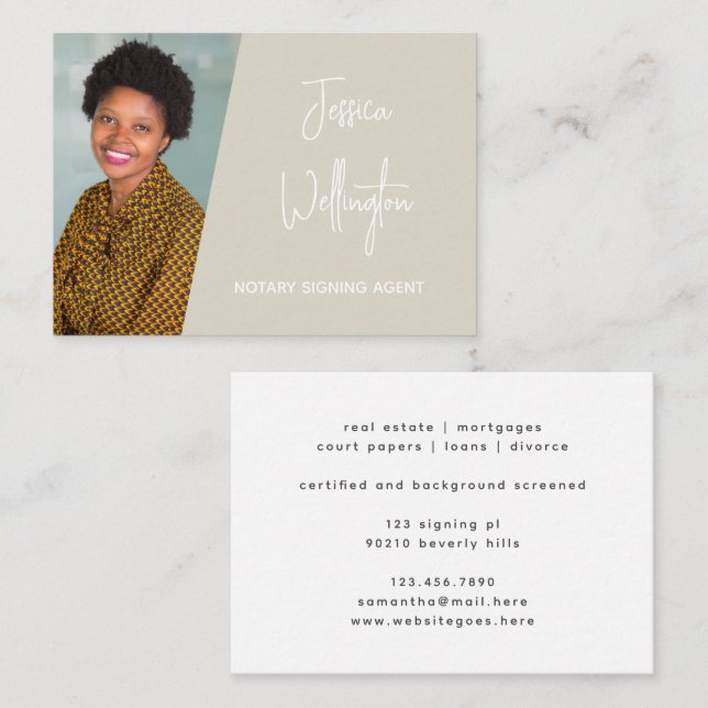 Modern Beige Signature Script Notary Lawyer Photo Business Card (Front/Back)