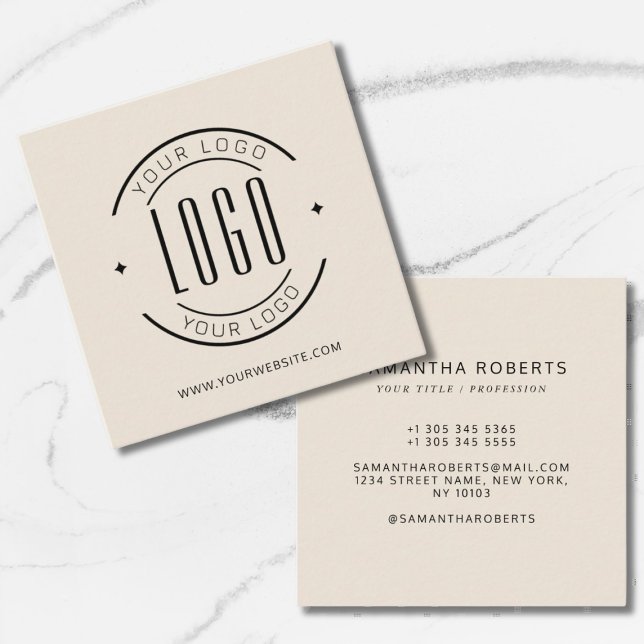 Modern beige simple add your logo  square business card (Creator Uploaded)