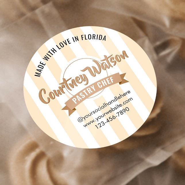 Modern Beige Stripe Cake Bakery Pastry Chef Classic Round Sticker (Creator Uploaded)