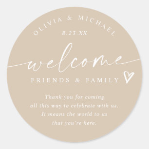 Modern Beige / Tan Wedding Welcome Hotel Bag Classic Round Sticker